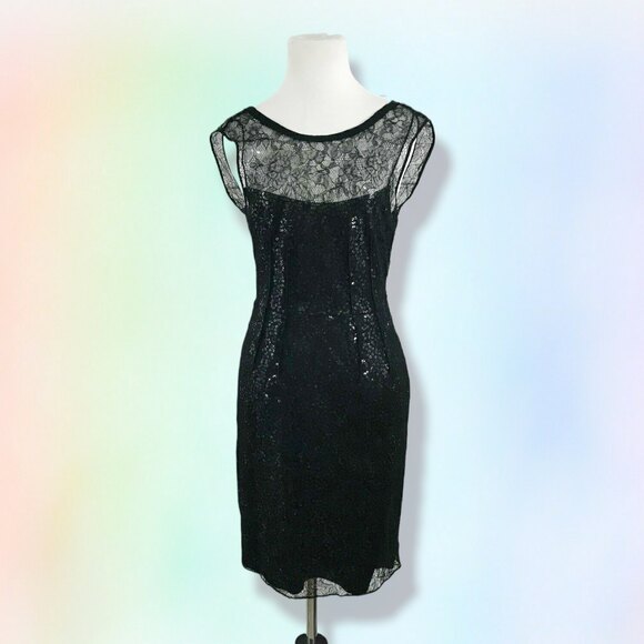 ELIE TAHARI Black Sequin Floral Lace Overlay Sheath Dress 2‎ - Picture 1 of 9